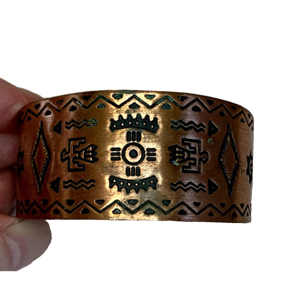 Vintage Solid Copper Cuff Bracelet Wide Tribal Design Thunderbird Southwestern